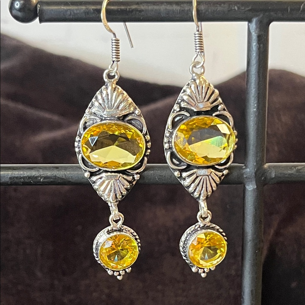 Natural & Faceted Citrine Dangle Earrings in Sterling Silver 2”